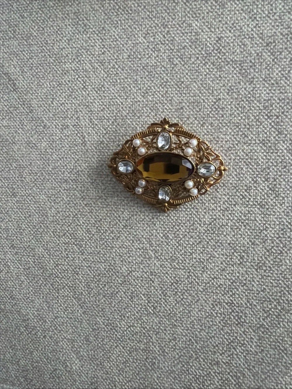 Avon Gold-Tone Amber Glass and Pearl Filigree Brooch